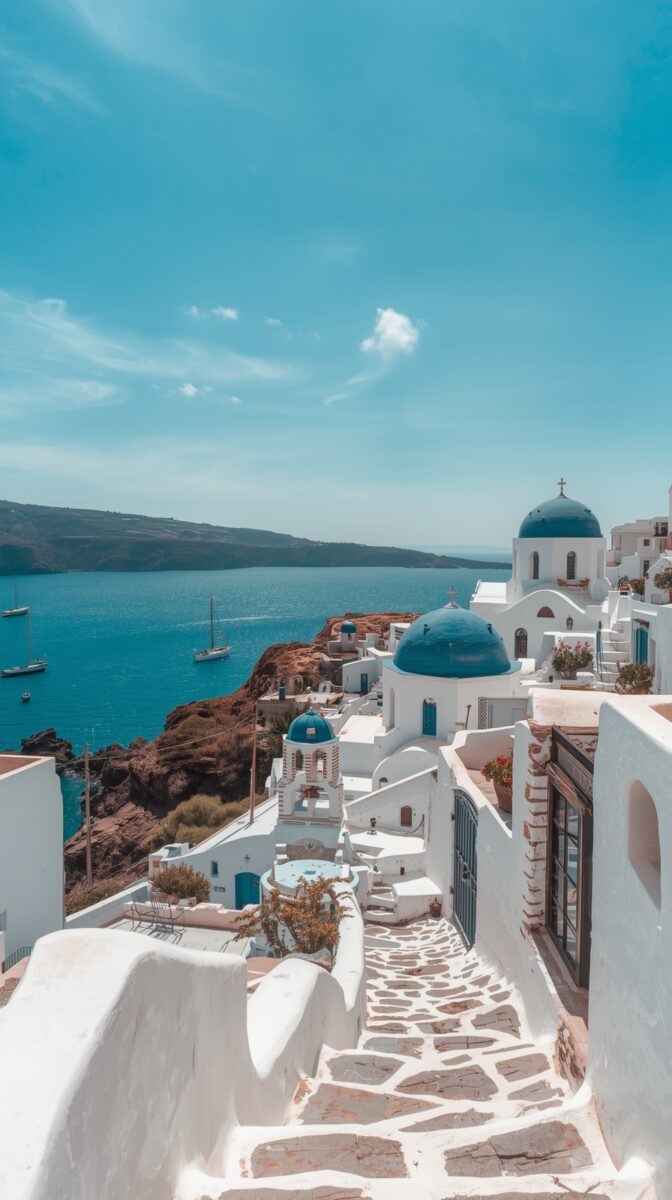 White-washed buildings with blue domed churches overlooking the Aegean Sea in Santorini, Greece