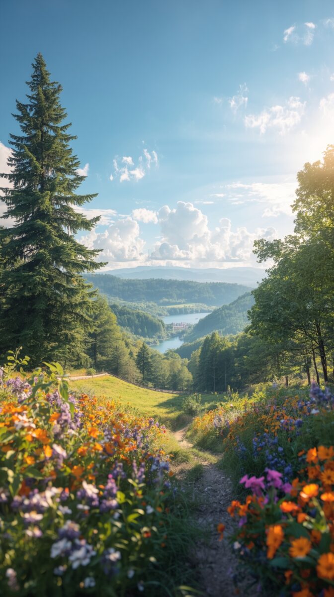 Wildflower-lined mountain trail overlooking a lush green valley with a lake and blue sky