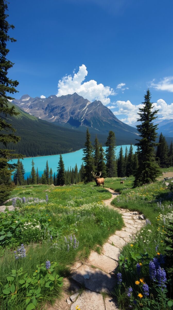 Stone trail through wildflower meadow with elk, turquoise mountain lake, and rocky peaks under blue sky