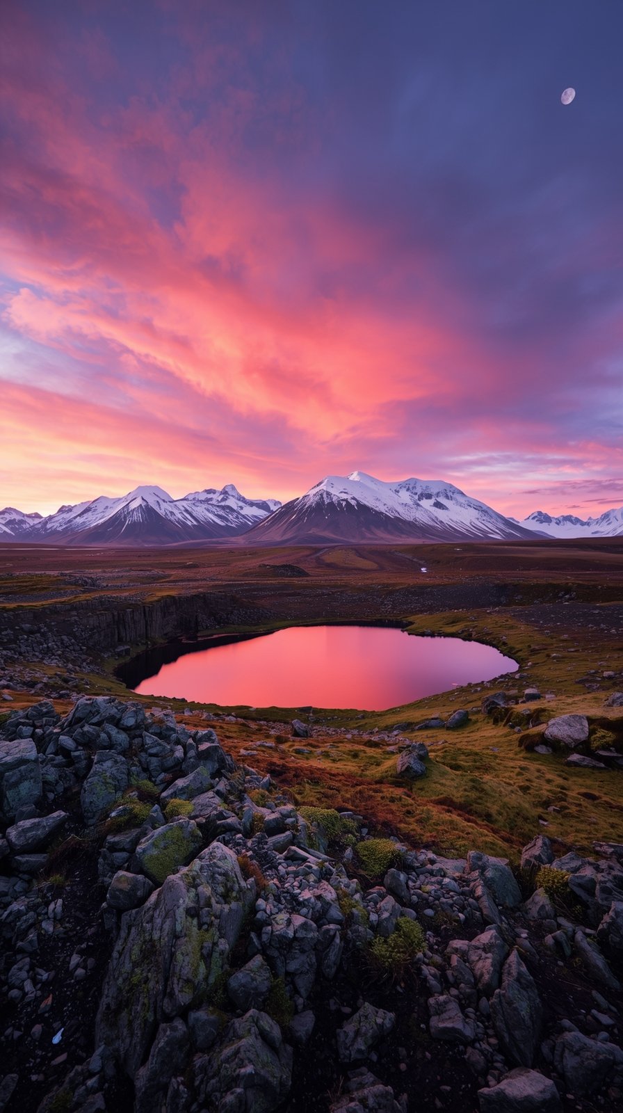 Dramatic pink and purple sunset over snow-capped mountains with a glowing reflective alpine lake and rocky foreground