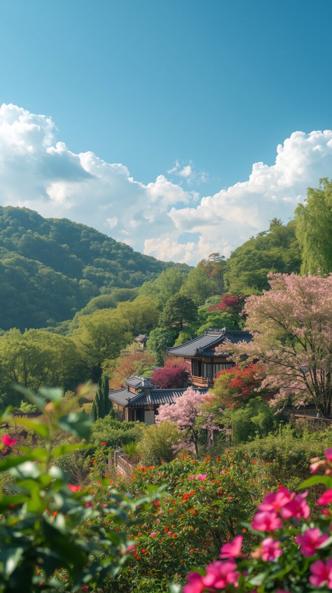 Traditional East Asian architecture nestled among cherry blossoms, lush green hills, and colorful flowering gardens under blue sky