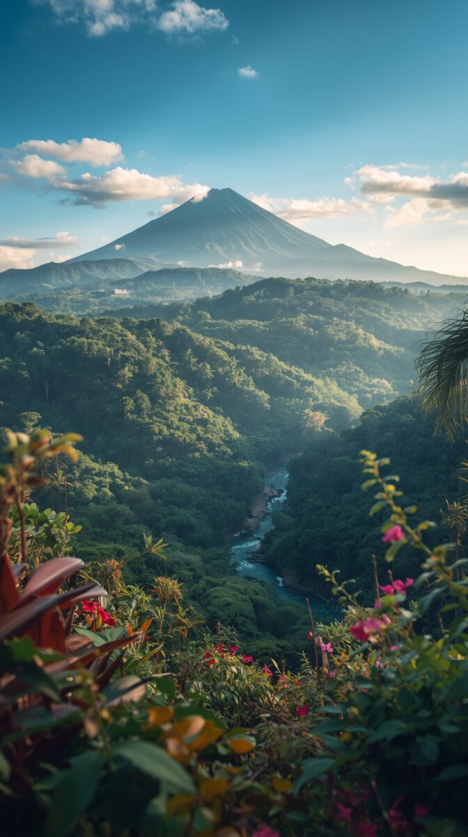 Lush tropical rainforest valley with a winding river and majestic volcanic mountain under a blue sky