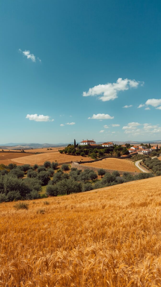Golden wheat fields with olive trees and white farmhouses on a hilltop under a clear blue sky in rural Mediterranean landscape