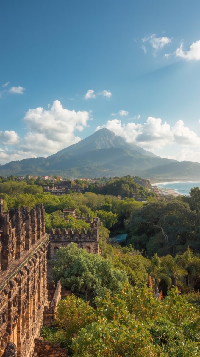 Ancient stone ruins with ornate walls surrounded by tropical forest, coastal town and volcanic mountain peak in background