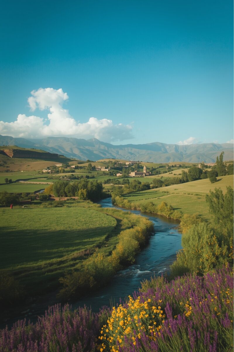Scenic river winding through green meadows with wildflowers, a small village, and mountains under blue sky