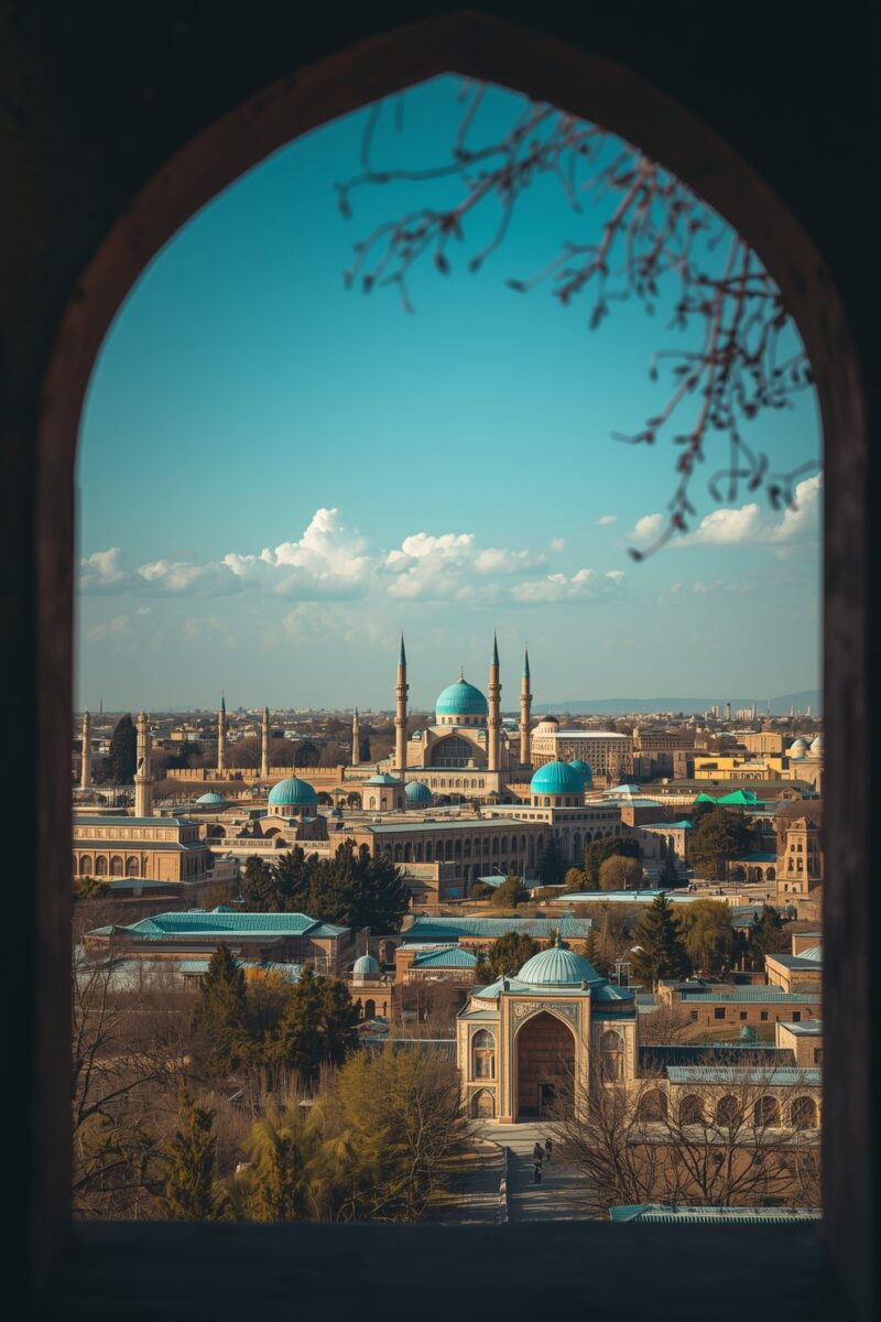 Islamic cityscape with turquoise domes and minarets viewed through an ornate pointed stone arch