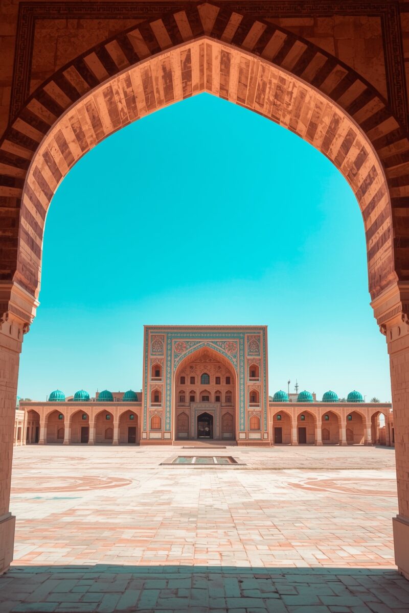 View through a pointed sandstone arch of an ornate Islamic mosque courtyard with teal domes and intricate tilework facade