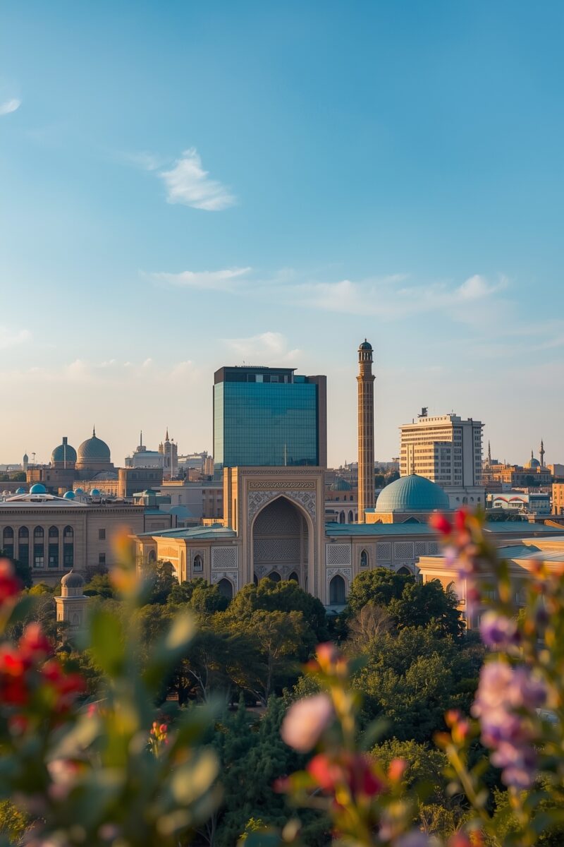 Tashkent skyline with blue-domed mosque, ornate minaret, modern glass tower, and colorful flowers in foreground