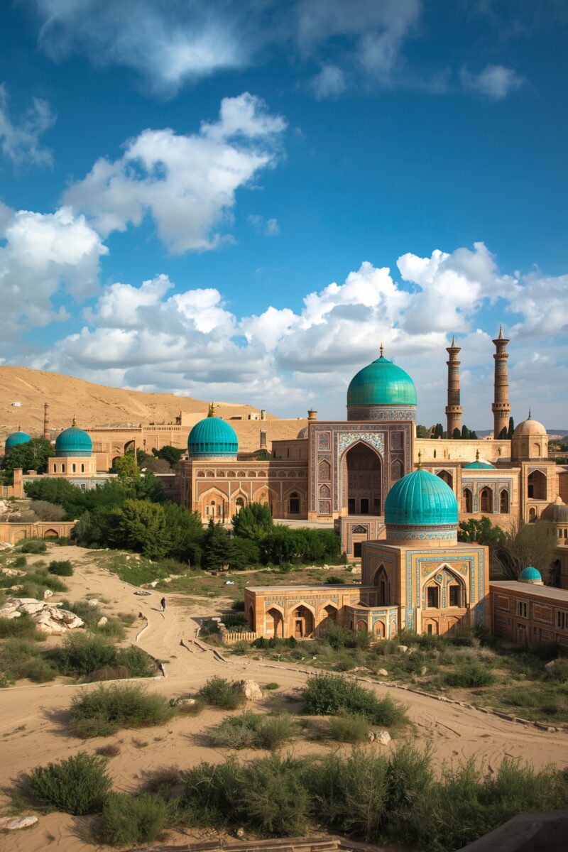 Ancient Islamic architectural complex with turquoise domes, ornate tilework, and minarets in a Central Asian desert landscape