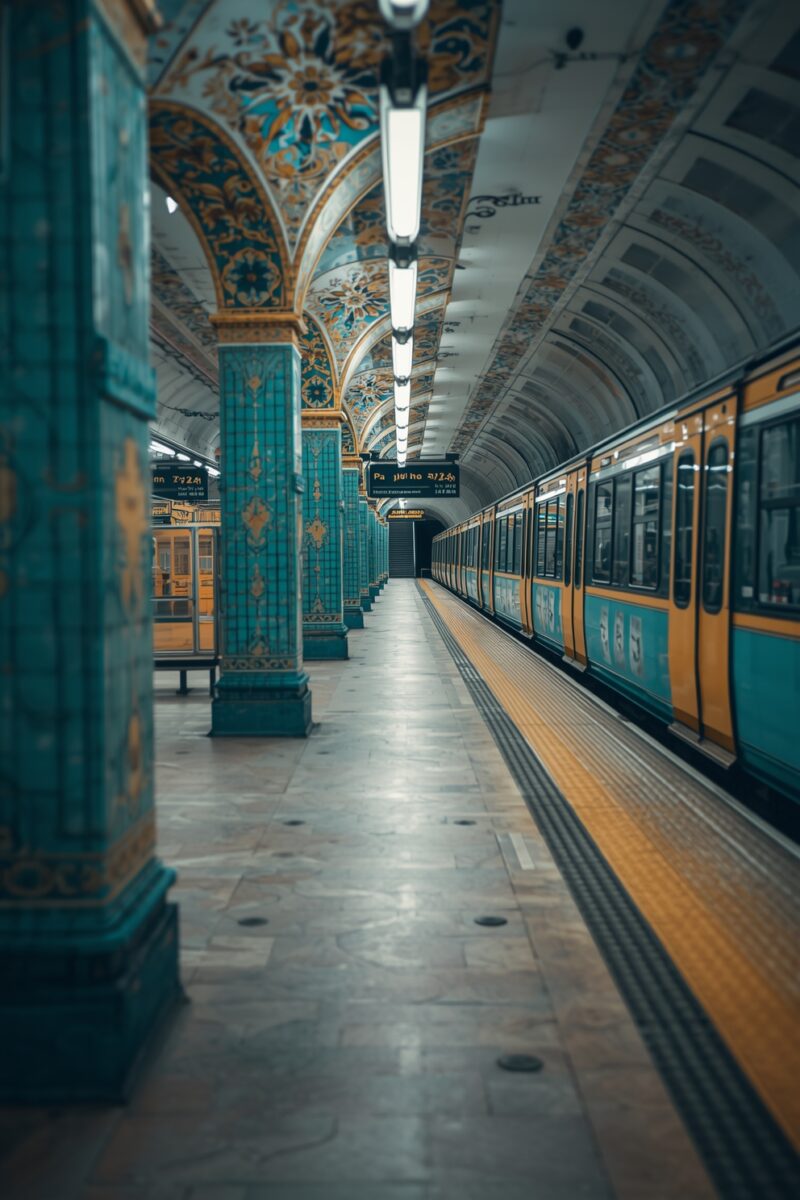 Ornate subway station with teal and gold mosaic columns, arched ceiling, and yellow-teal train at platform