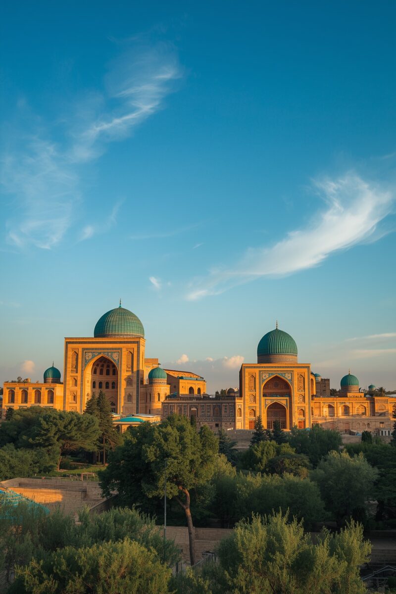 Islamic architectural complex with turquoise domes and golden sandstone facades surrounded by green trees under blue sky
