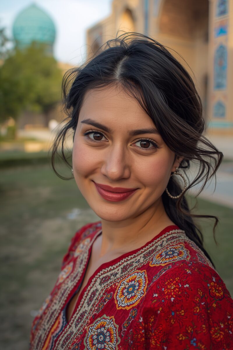 Young woman in red traditional embroidered dress smiling in front of Central Asian Islamic architecture