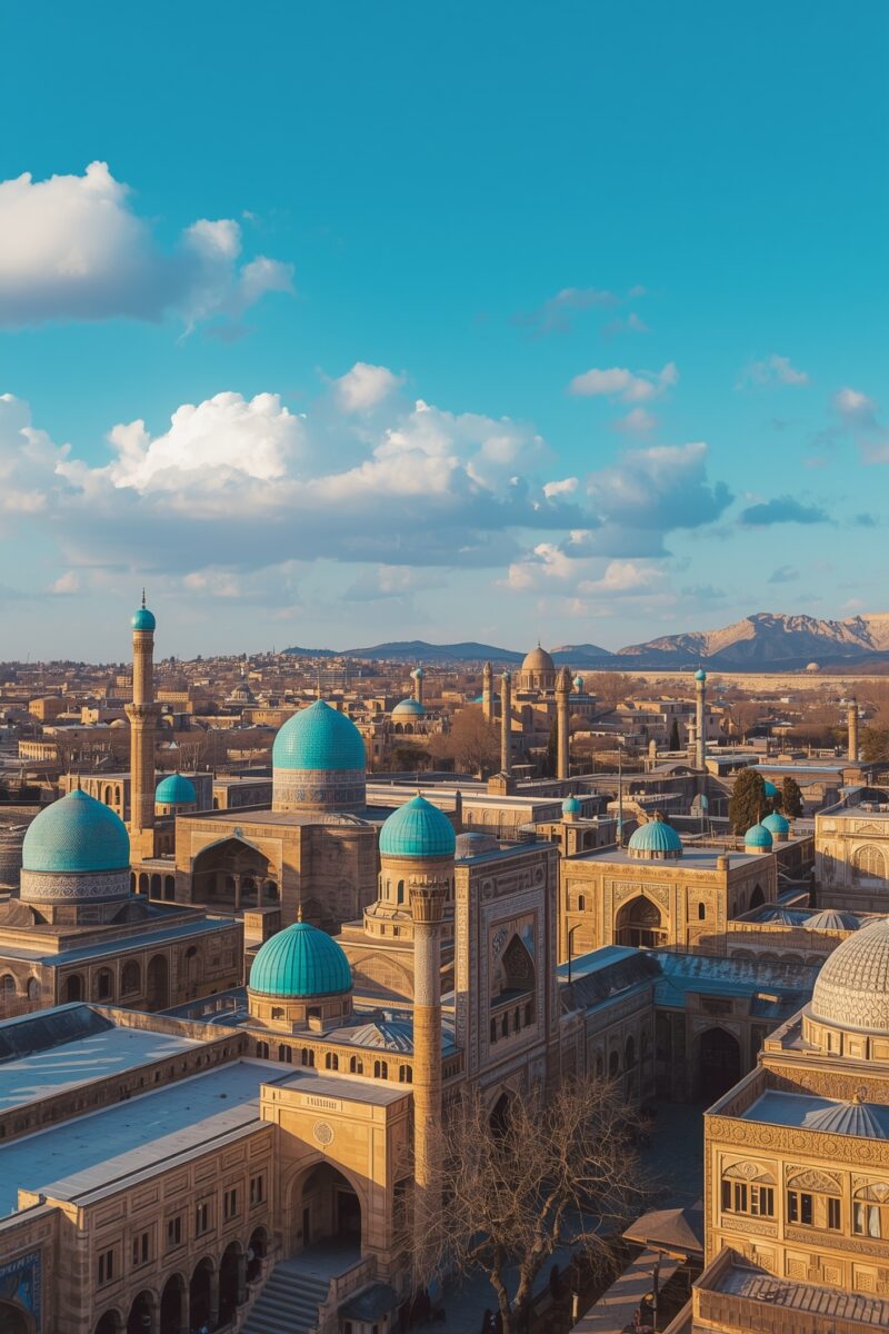 Aerial view of Central Asian city with turquoise domed mosques and minarets against blue sky, likely Samarkand or Bukhara, Uzbekistan
