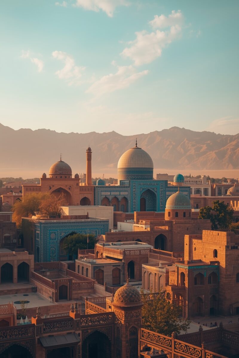 Aerial view of a Central Asian city with turquoise-tiled domes, minarets, ornate archways, and terracotta buildings at golden hour