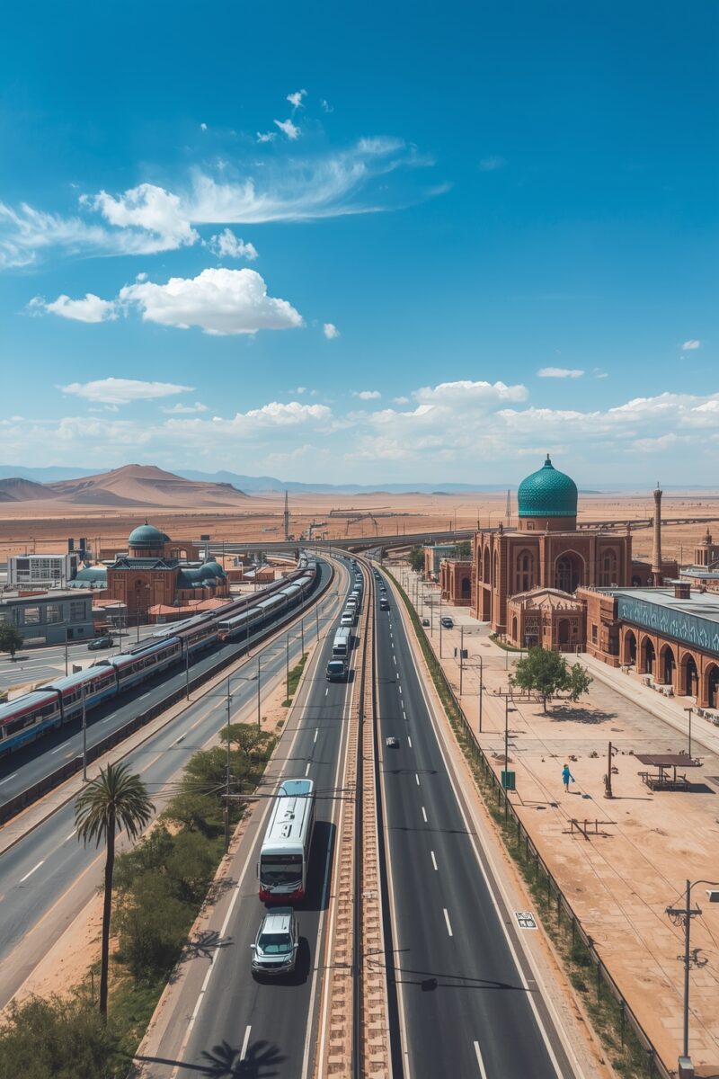 Aerial view of multi-lane highway alongside train tracks and Islamic architecture with teal domes in a desert city