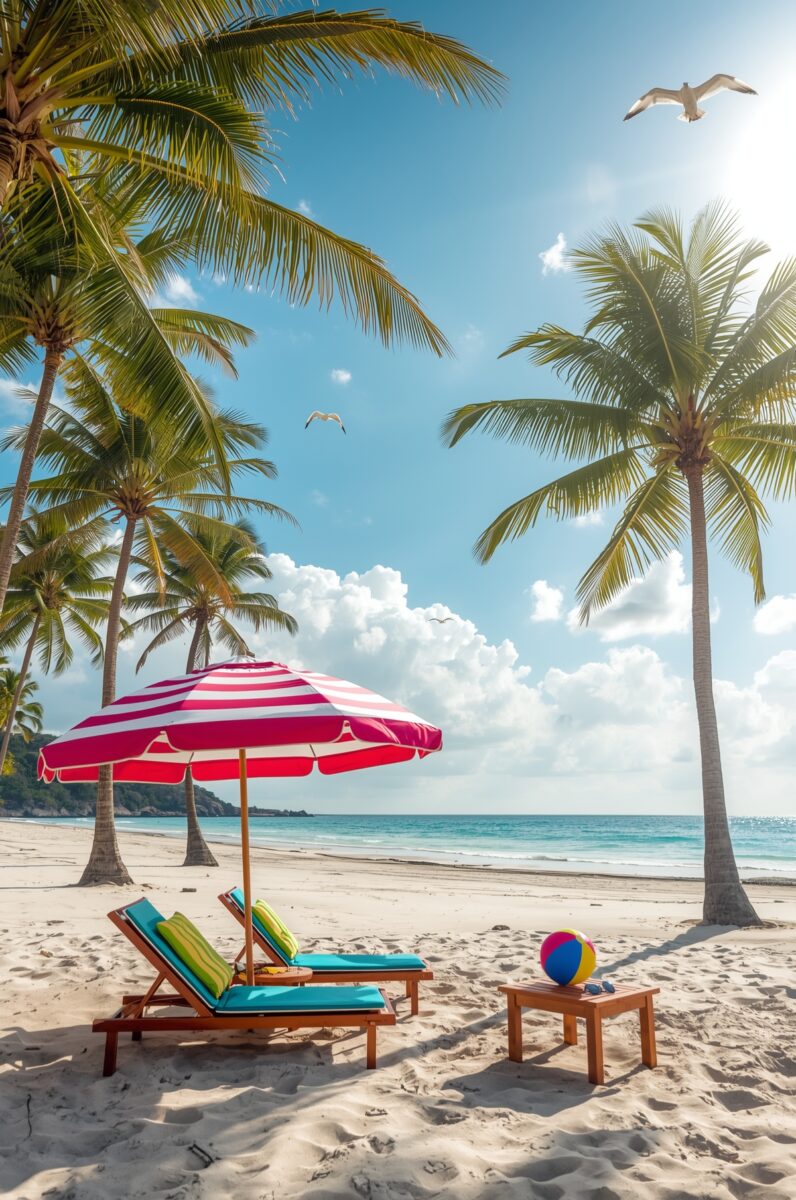 Tropical beach with red and white striped umbrella, two lounge chairs, palm trees, and turquoise ocean under blue sky