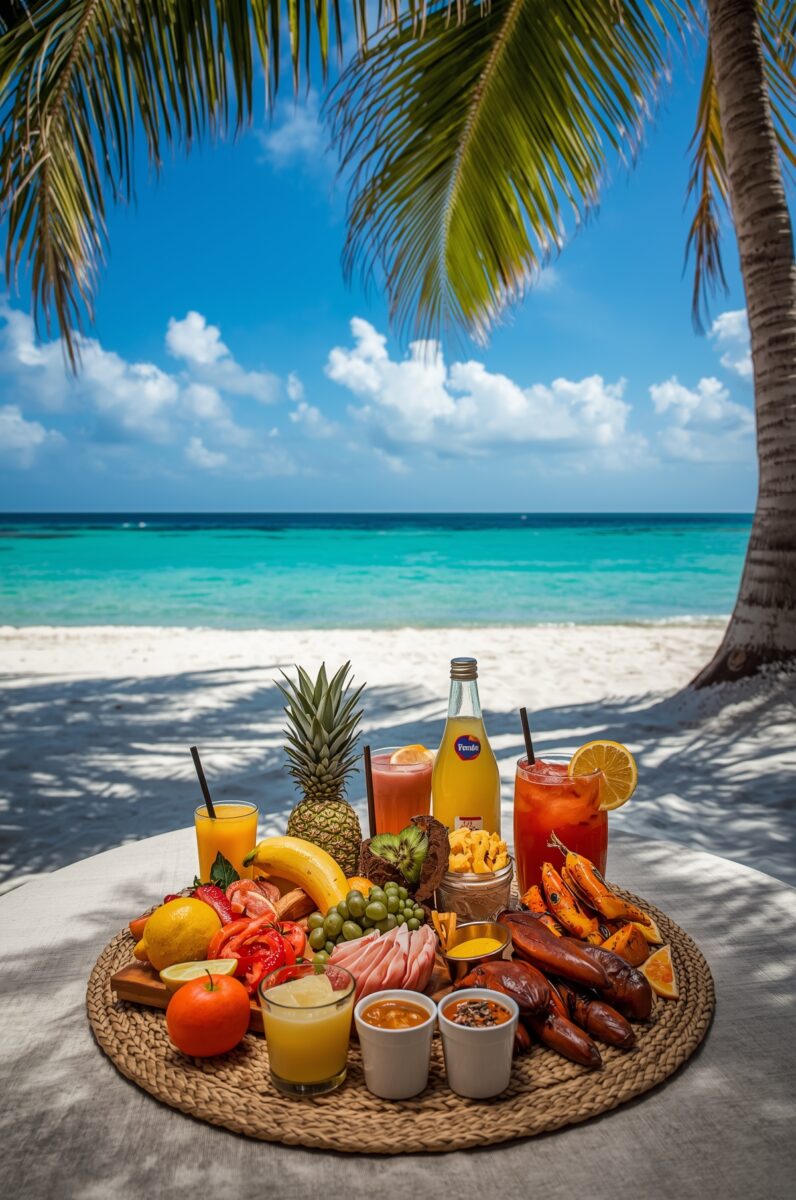 Tropical beach platter with fresh fruits, grilled seafood, cold drinks, and a pineapple beside turquoise ocean waters
