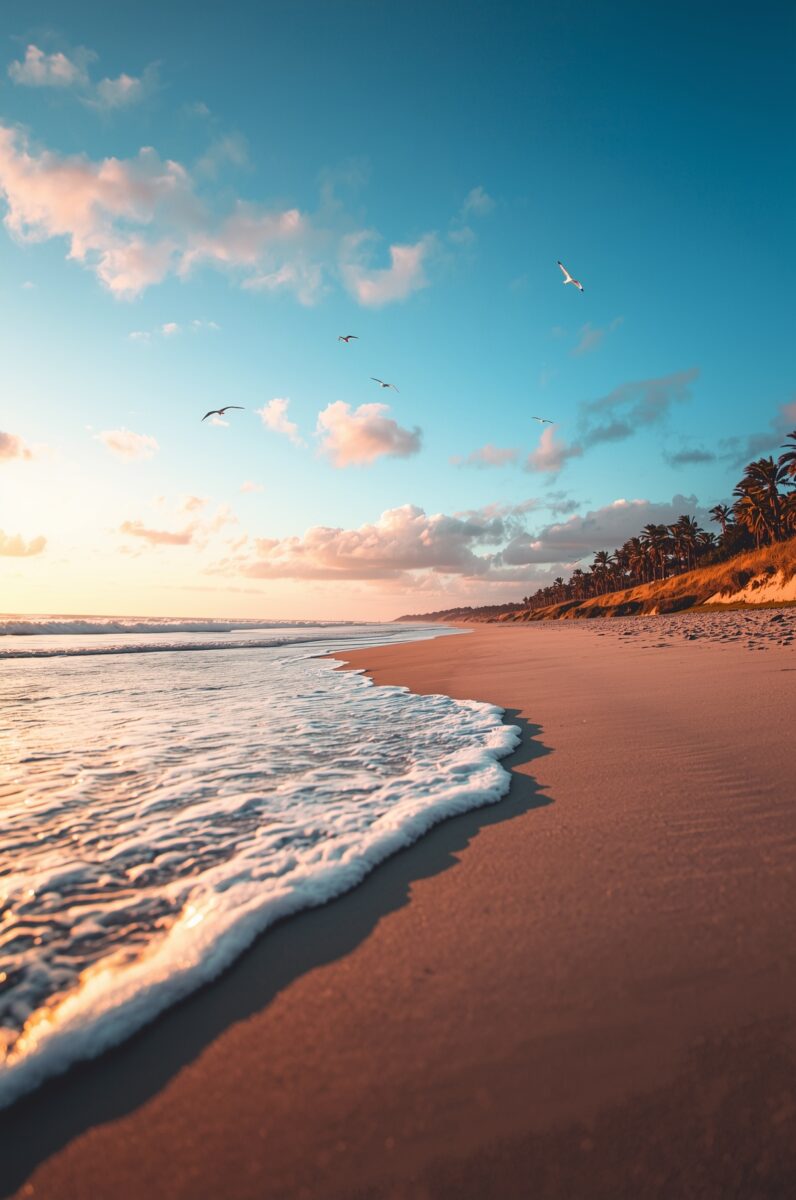 Tropical beach at golden sunset with white foam waves, pink sand, palm trees, and seagulls flying overhead