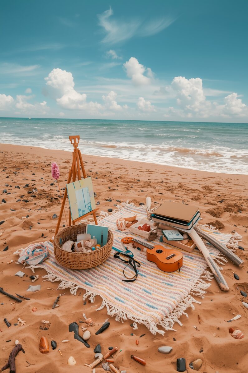 Artist easel, ukulele, wicker basket, books, and seashells arranged on a striped blanket on a sandy beach