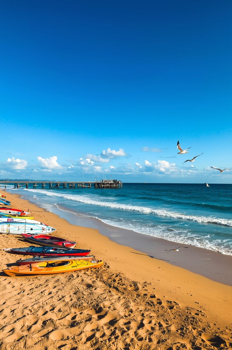 Colorful kayaks and paddleboards lined up on a sandy beach with a wooden pier and seagulls under a bright blue sky