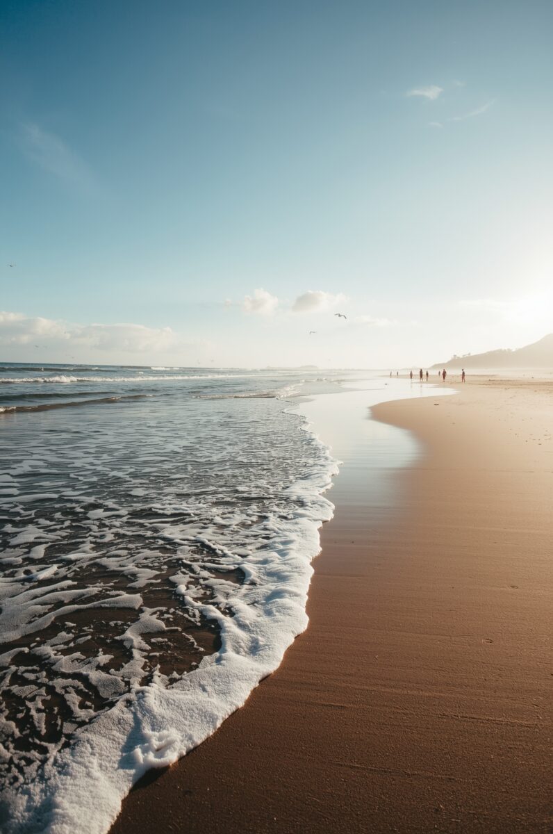 Sunlit sandy beach with foamy ocean waves, distant silhouettes of people walking along the shoreline