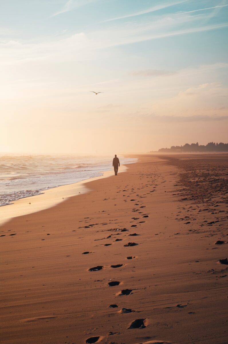 Lone person walking along a sandy beach at sunset with footprints in the sand and a bird flying overhead
