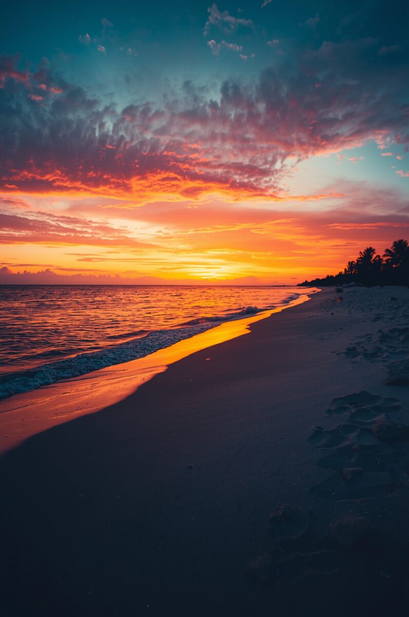 Vibrant tropical beach sunset with fiery orange and red sky reflecting on wet sand, palm trees silhouetted on right
