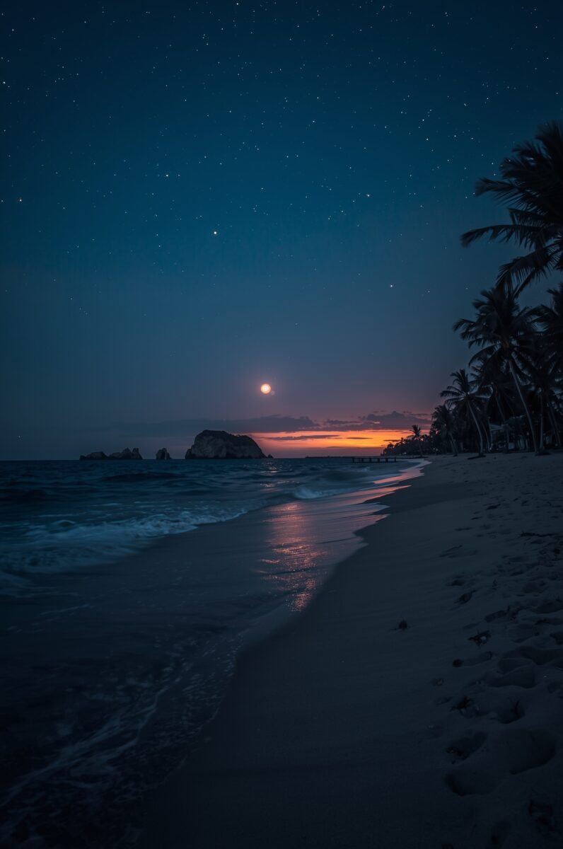 Tropical beach at night with moonrise over ocean, palm tree silhouettes, starry sky, and glowing horizon