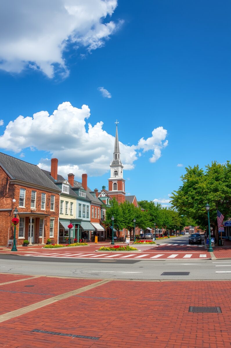 Historic American small town main street with brick buildings, white church steeple, tree-lined sidewalks, and flower gardens under blue sky