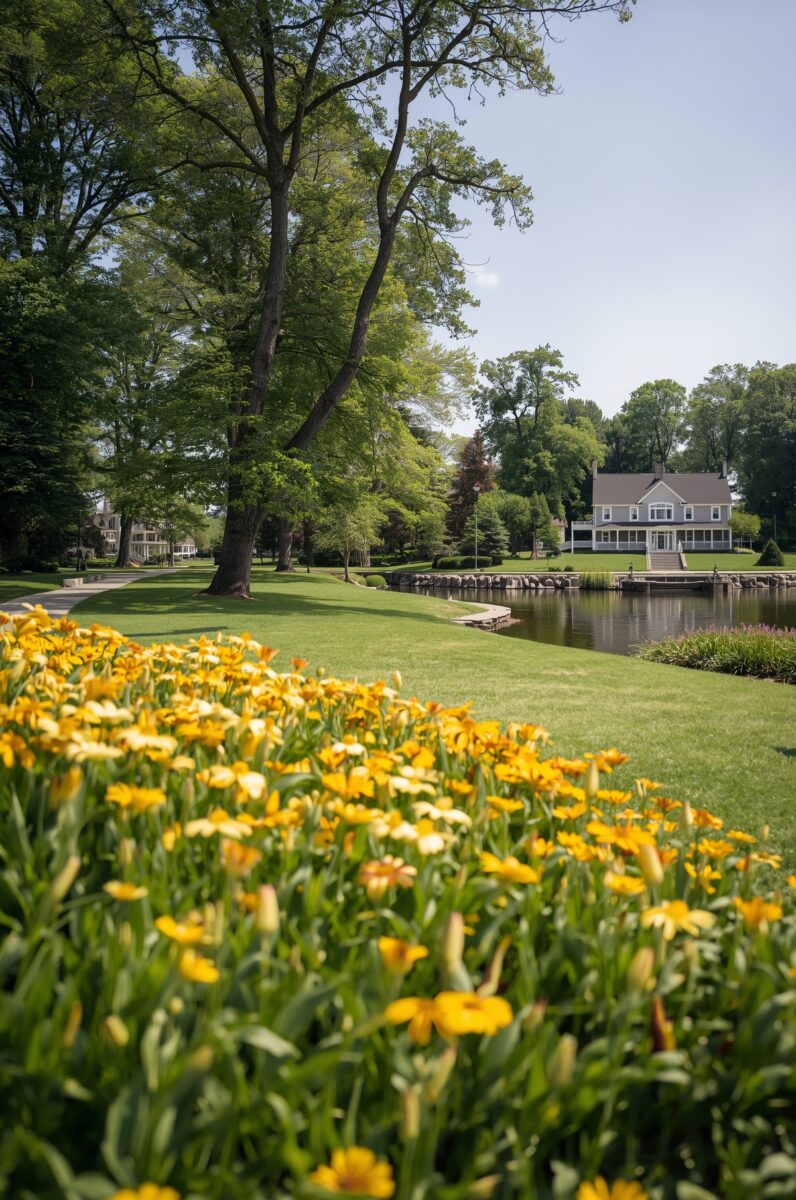 Yellow wildflowers in foreground with lush green lawn, mature trees, calm pond, and colonial lakeside home in background