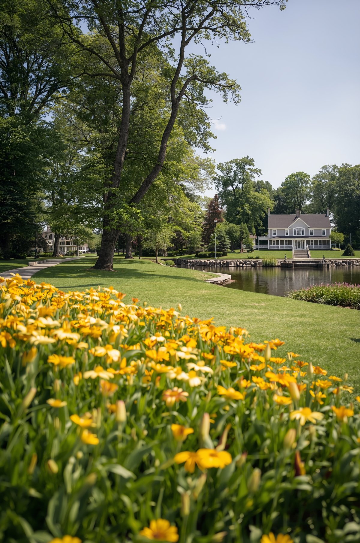 Yellow wildflowers in foreground with lush green lawn, mature trees, calm pond, and colonial lakeside home in background
