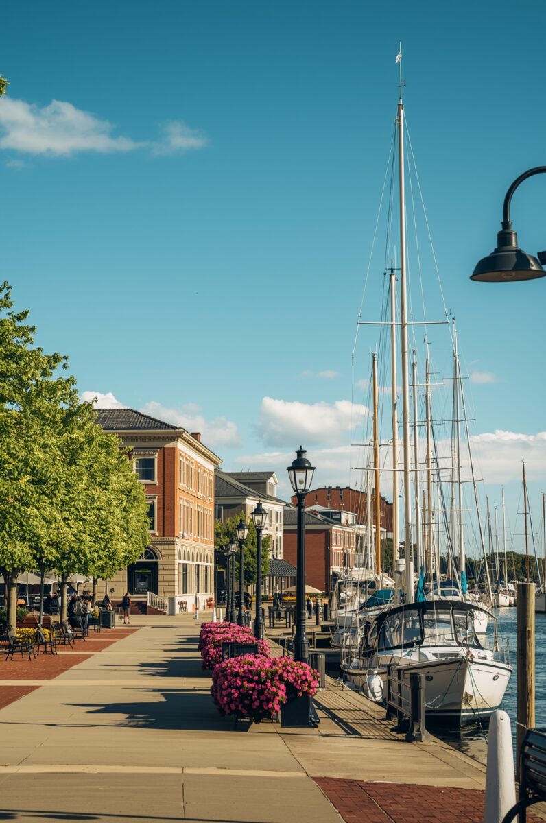 Sunny waterfront promenade with sailboats docked at marina, brick buildings, lamp posts, and pink flower planters