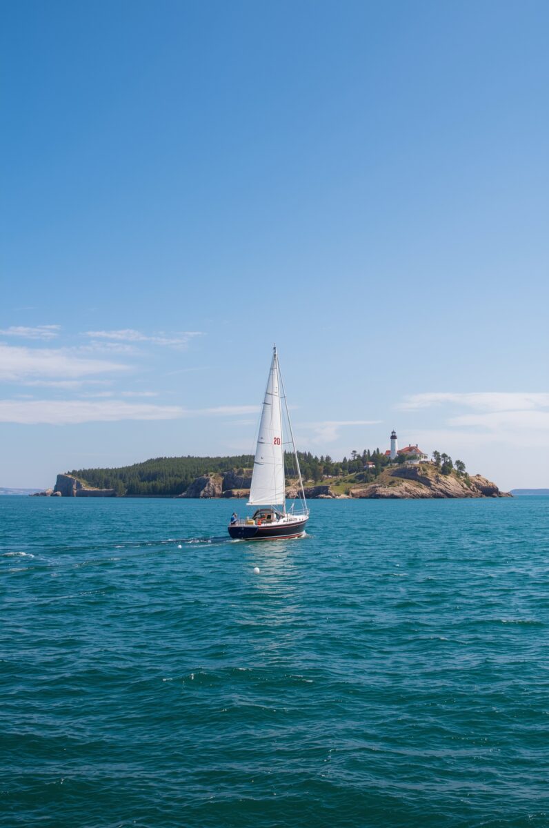 White sailboat with sail number 20 sailing on blue-green ocean waters near a rocky island with a lighthouse