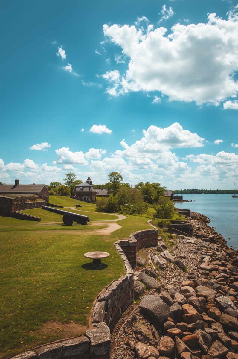 Historic waterfront fort with cannons on green lawn, stone walls, colonial buildings, and blue sky with clouds