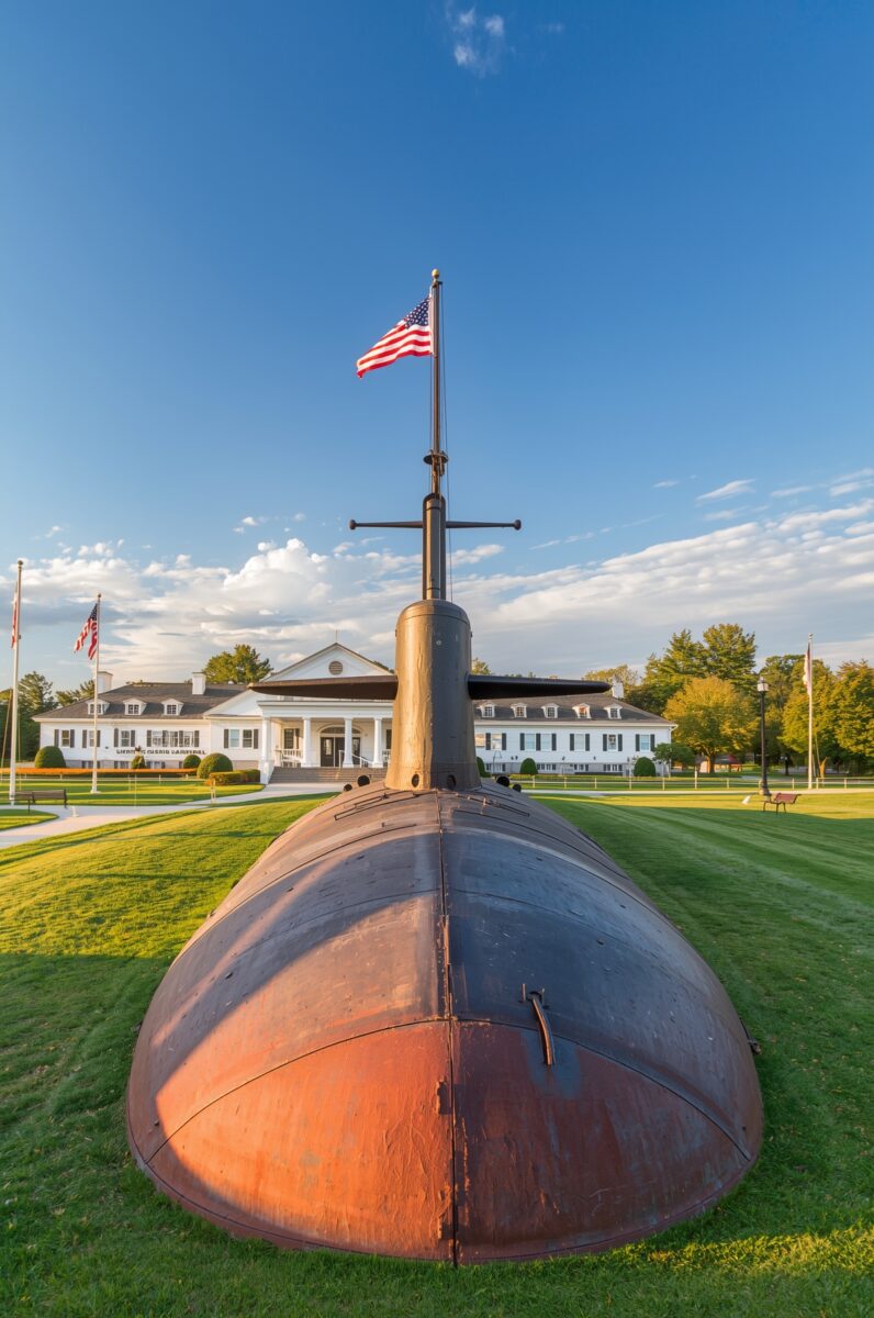 Historic submarine exhibit on lawn with American flag on mast, white colonial building in background