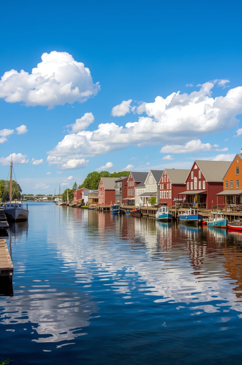 Colorful red and white waterfront buildings with docked boats reflecting in calm harbor waters under blue sky
