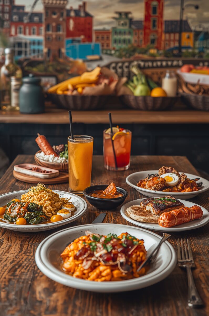 Restaurant table spread with multiple dishes including noodles, rice, sausages, fried chicken with egg, two cocktails, and a dipping sauce bowl