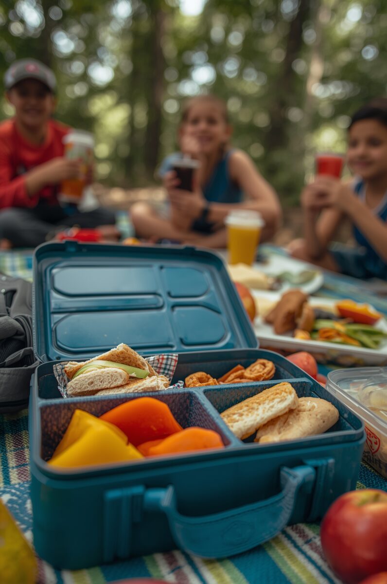 Open blue bento lunchbox with sandwich, bell peppers, and crackers on a picnic blanket with children in background