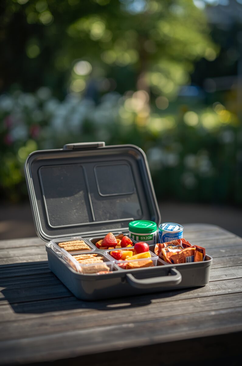 Open stainless steel bento lunch box with crackers, fresh strawberries, fruit, snack packs, and small condiment containers on outdoor wooden table
