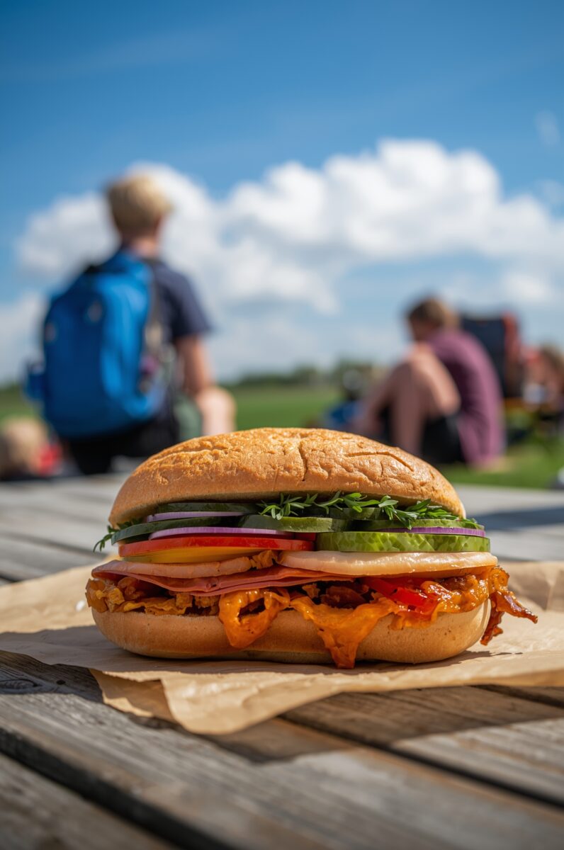 Loaded sandwich with fresh vegetables, melted cheese, and bacon on parchment paper at an outdoor picnic table