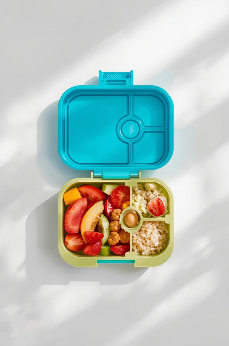 Open teal and green bento lunch box filled with fresh fruit salad, rice, cherry tomatoes, and small snacks