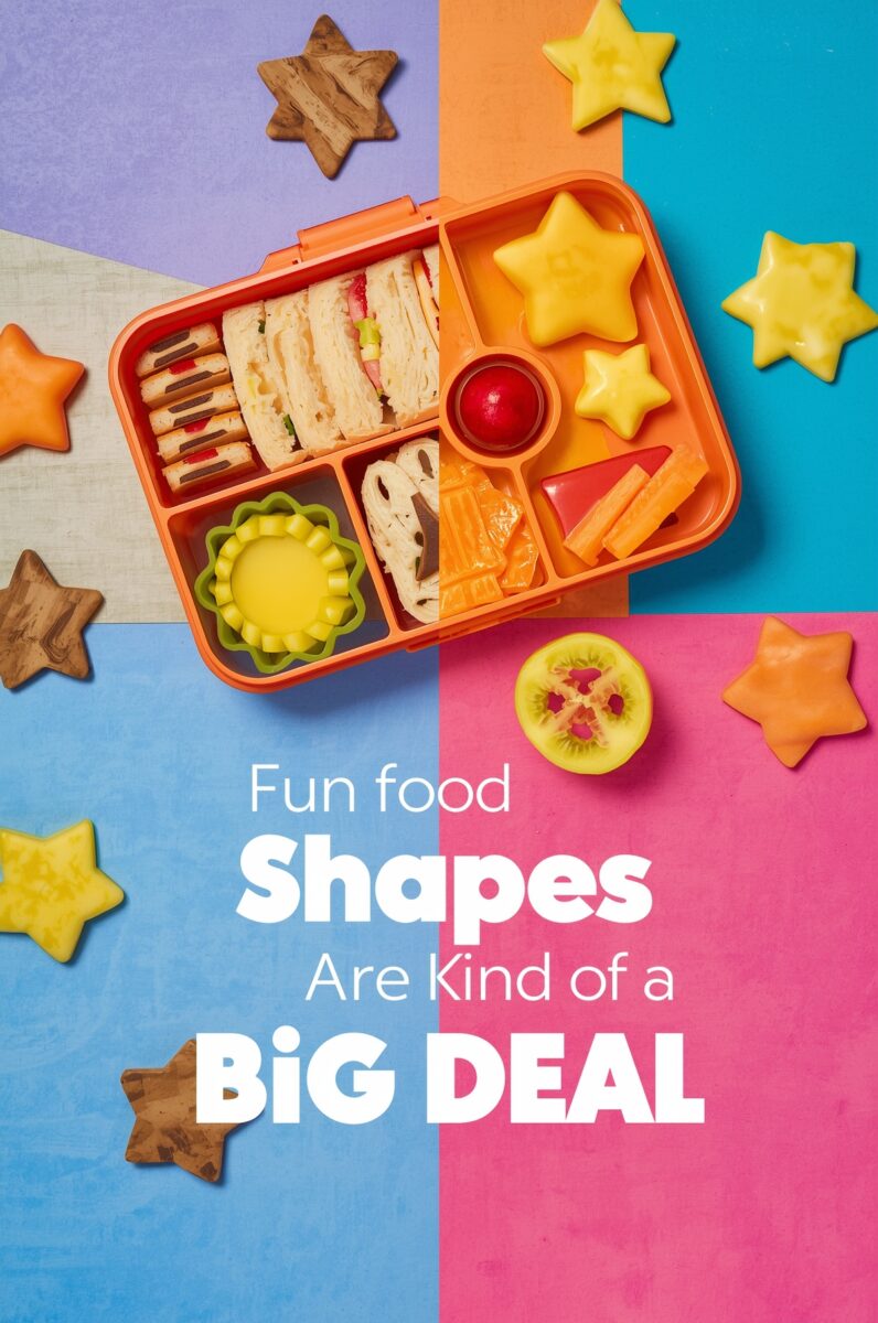 Orange bento lunch box with star-shaped cheese, sandwich, veggies, and fruit surrounded by star-shaped food cutouts on colorful background