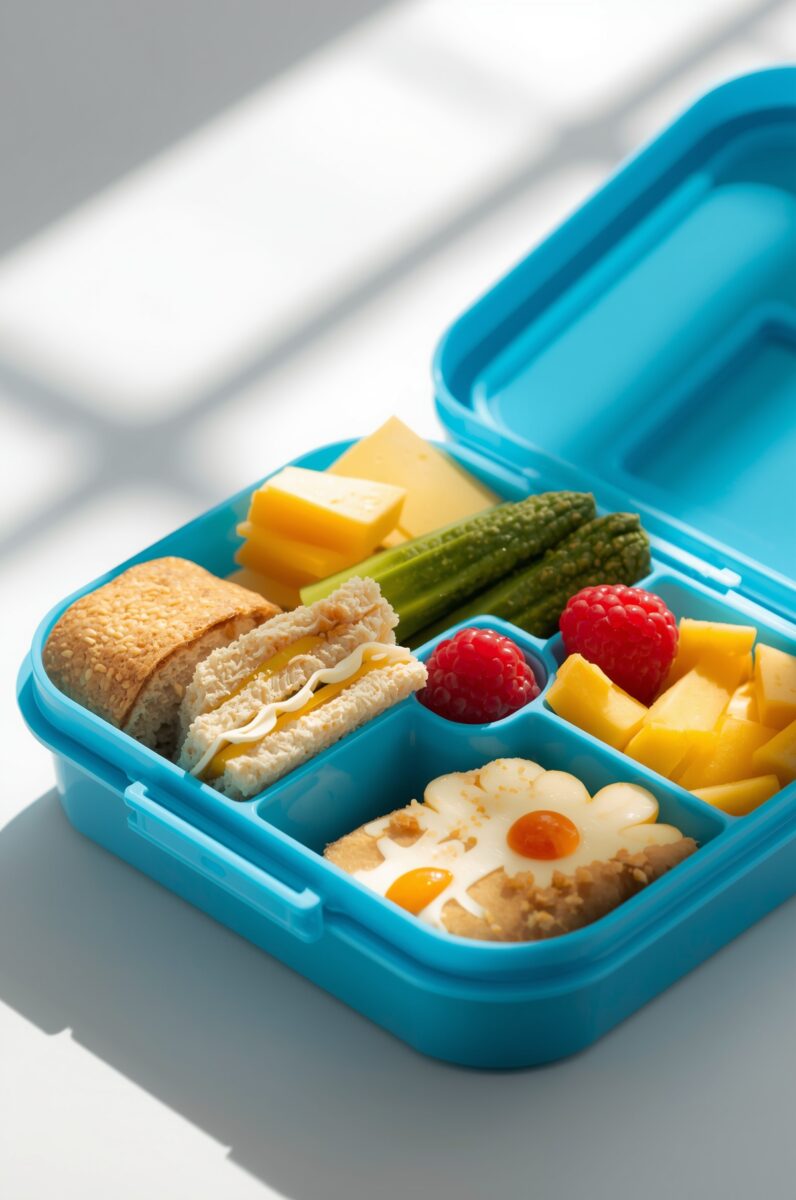 Blue bento lunchbox with compartments containing sandwich, cheese cubes, pickles, raspberries, mango chunks, and flower-shaped snack