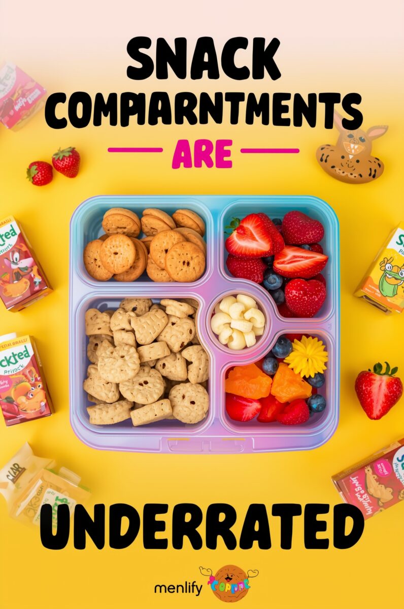 Colorful bento snack tray with crackers, strawberries, blueberries, cashews, and dried fruit on yellow background