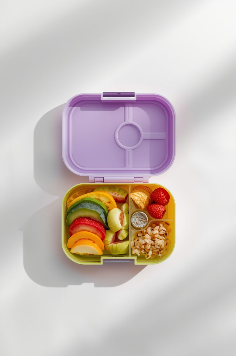 Open purple and yellow bento lunchbox with compartments filled with colorful sliced fruits, strawberries, and pasta