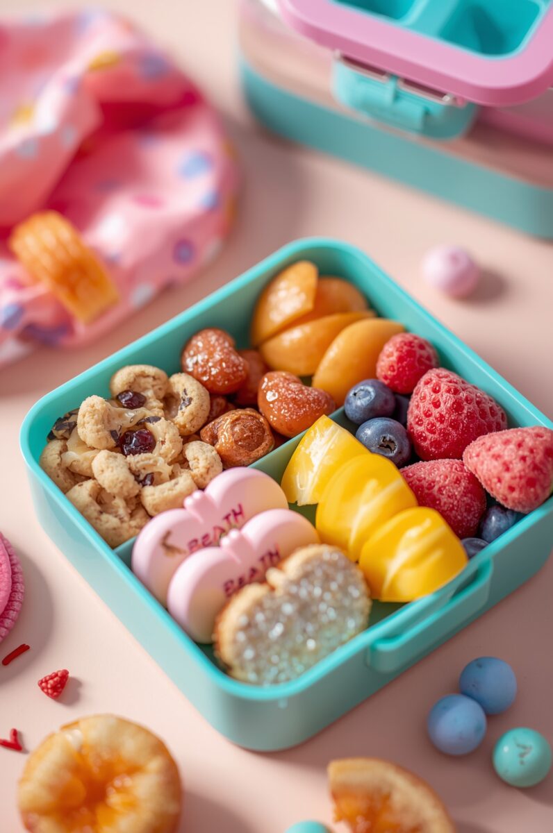 Colorful teal bento box filled with strawberries, blueberries, mango chunks, mini cookies, candied nuts, and heart-shaped candies