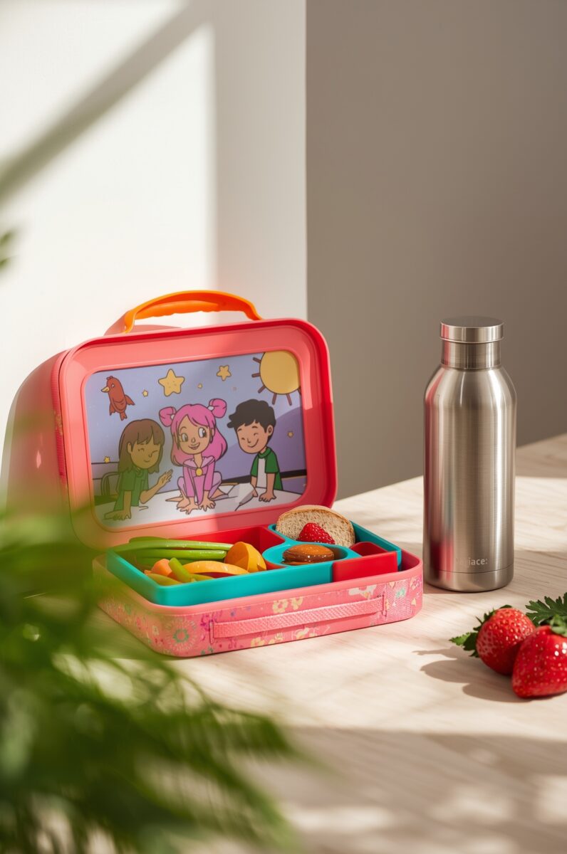 Open pink children's lunchbox with compartments holding celery, oranges, and sandwich beside a stainless steel water bottle