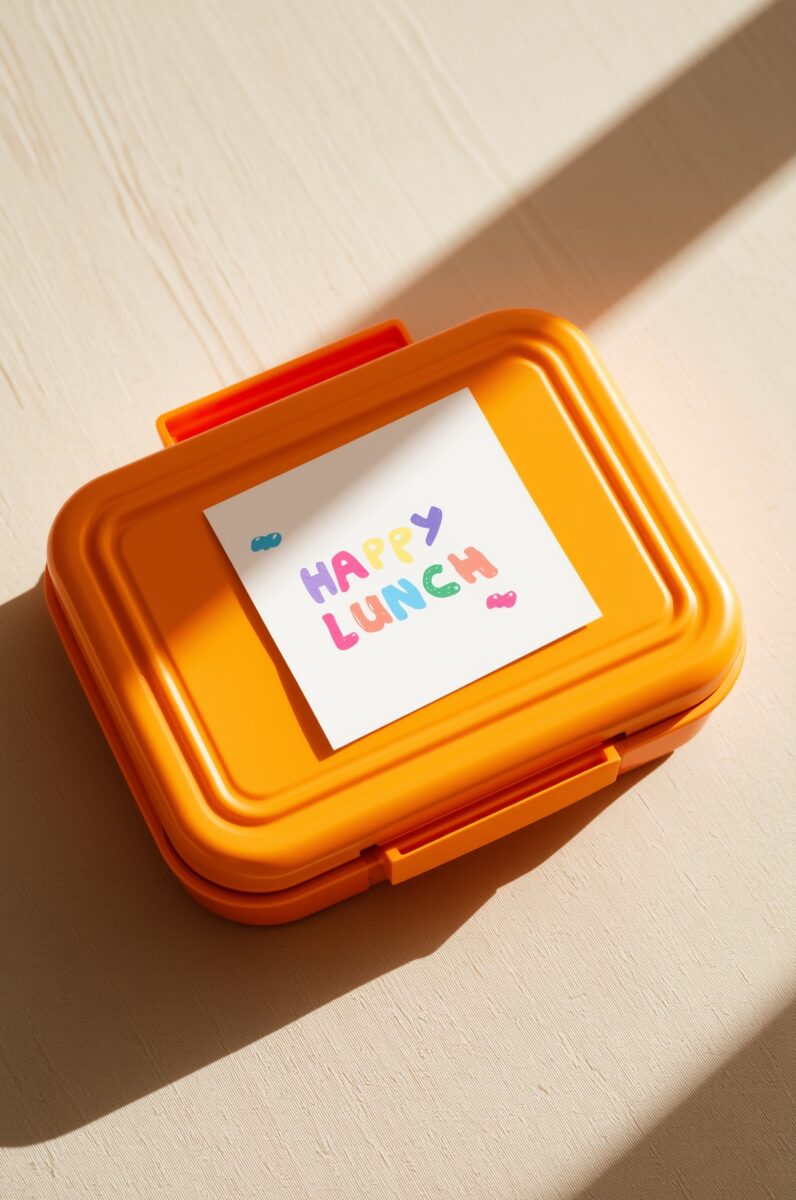 Orange plastic lunchbox with a colorful 'Happy Lunch' note card on top, sitting on a light beige surface