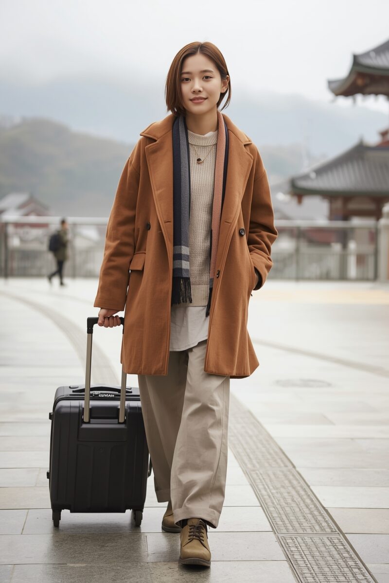 Young Asian woman in brown coat pulling black suitcase near traditional Korean architecture