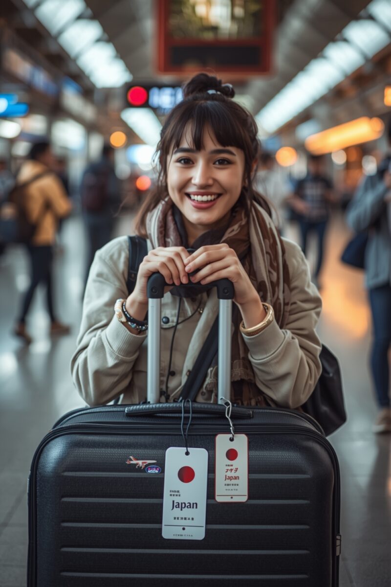 Smiling young woman leaning on black suitcase with Japan luggage tags at a busy airport terminal